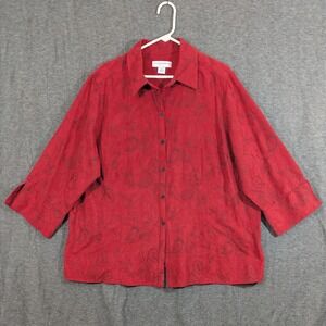 Sag Harbor Red Faux Suede Floral Embroidered 3/4 Sleeve Button Down Size 1X
